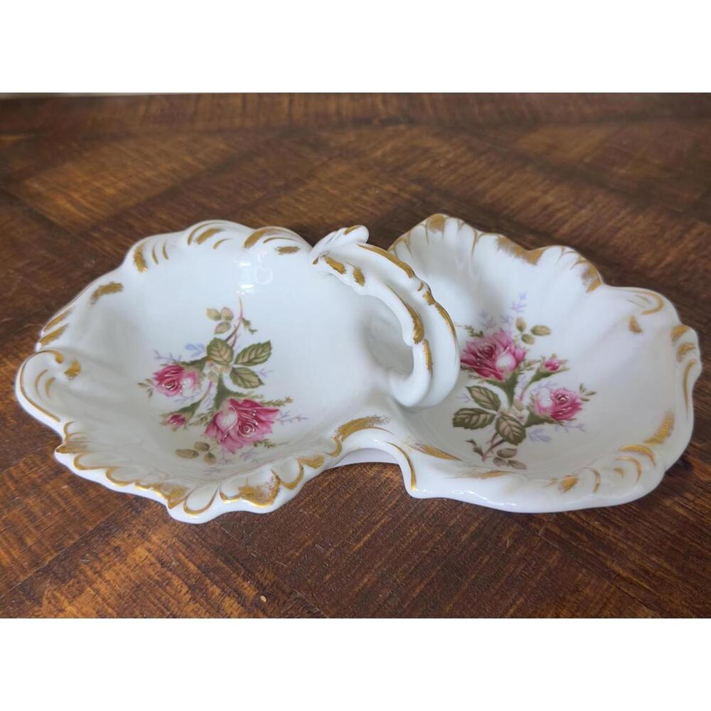 Vintage Hand Painted Divided Dish with Handle, Pink Flowers, Gold Trim